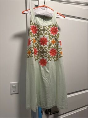 Spartina 449 Mint Green Shift Dress with Coral and Orange Floral Embroidery